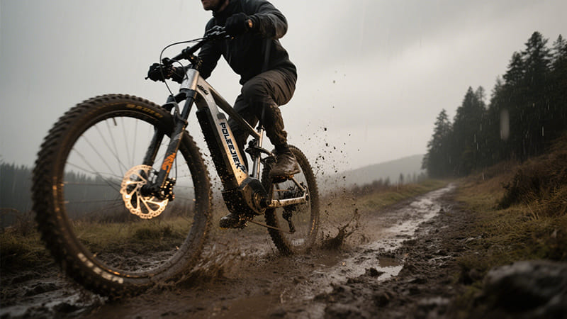 POLEEJIEK BLJ-2625 full-suspension electric mountain bike on rugged terrain