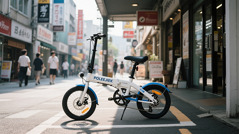 A senior woman smiling while riding her POLEEJIEK step-through pedal assist bike in a Seattle park.