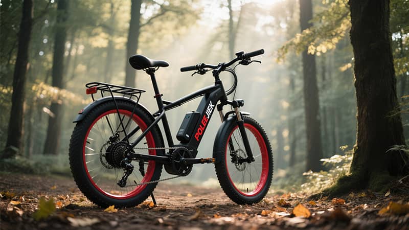 A person riding an electric mountain bike on a scenic trail