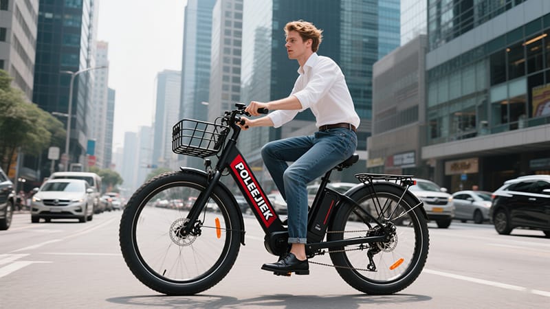 A rider on the POLEEJIEK BLJ-2611 fat tire e-MTB, showcasing its all-terrain capability.