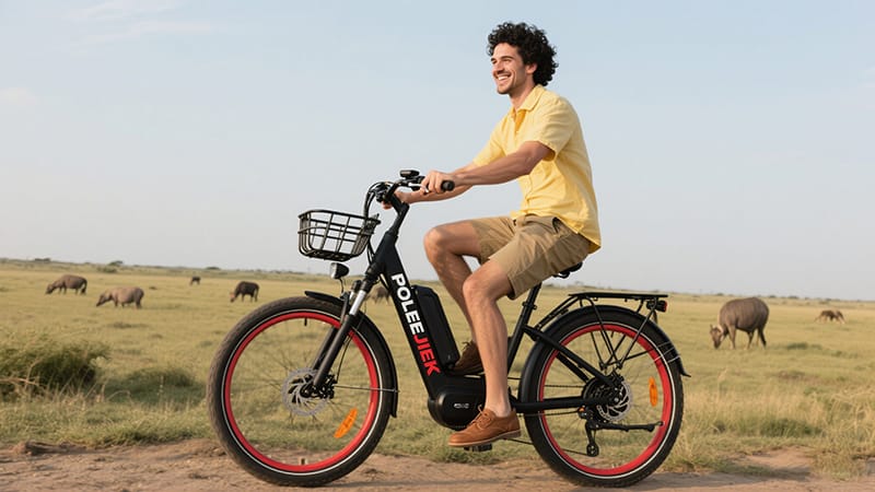 The POLEEJIEK BLJ-2603 mid-drive e-MTB parked on a scenic mountain trail.