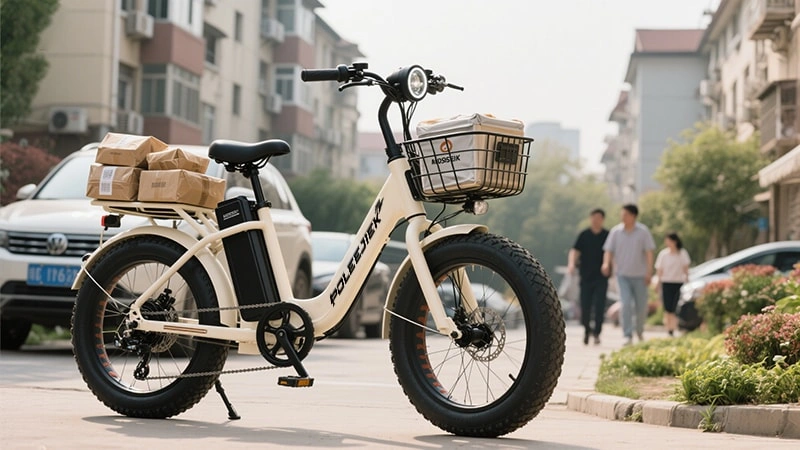 The POLEEJIEK Urban Rider Ladcykel cargo ebike being used in a European city