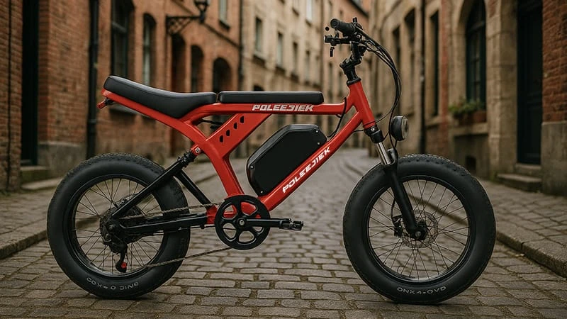 A person on a classic-style electric dirt bike, highlighting its rugged frame and off-road tires