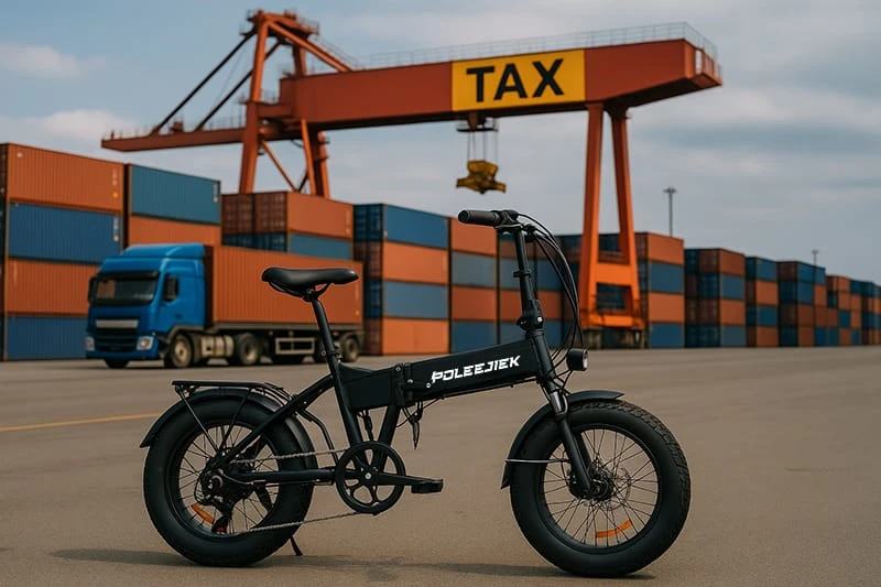 A POLEEJIEK pedal assist e-bike packaged and ready for international shipping and distribution.