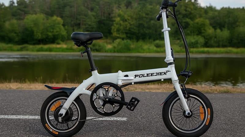 A small, colorful POLEEJIEK electric bike for kids, shown outdoors