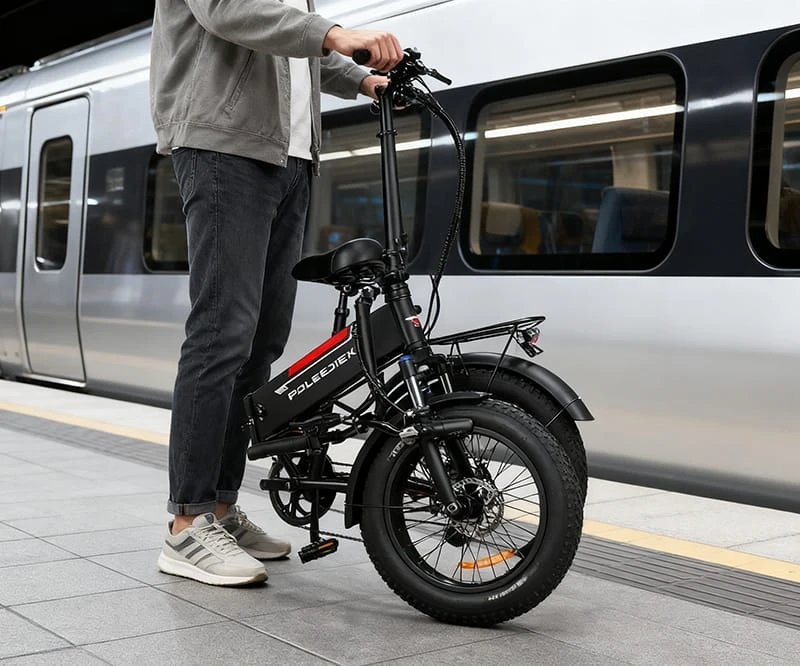 A person easily folding a POLEEJIEK folding electric bike next to a train, emphasizing portability.