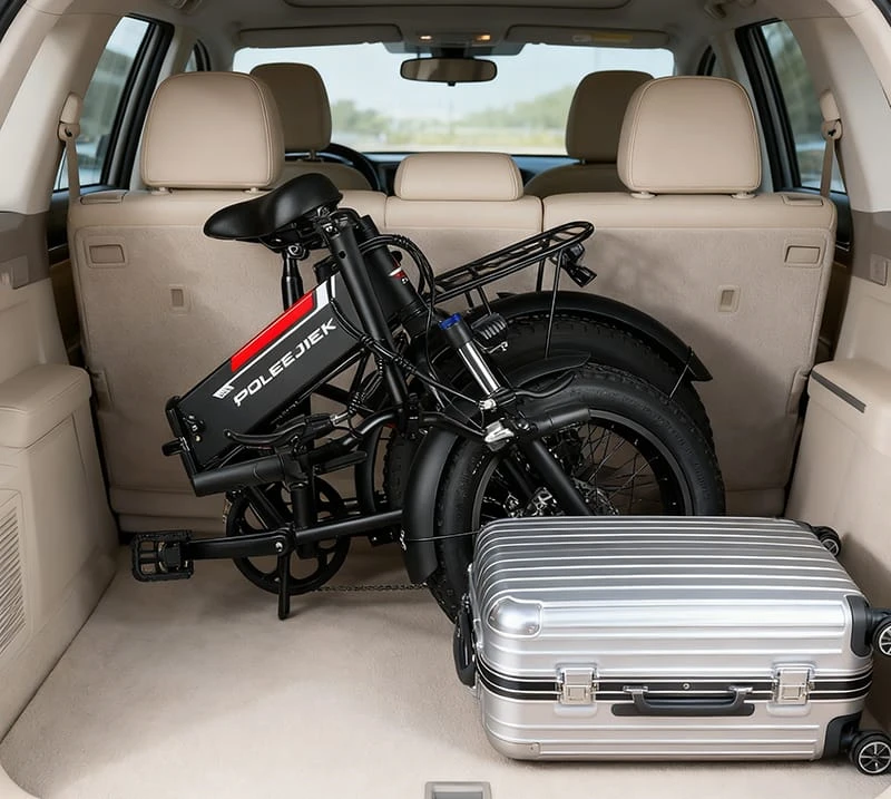 A stylish POLEEJIEK folding electric bike in a compact, folded state, ready for storage or transport.
