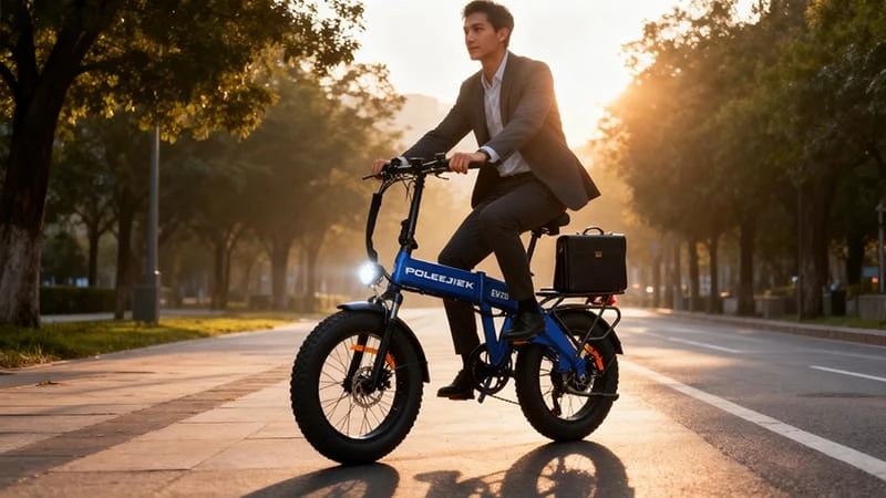 A professional commuting to work on a POLEEJIEK electric commuter bike with integrated lights and a rear rack.