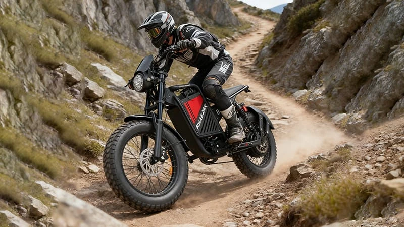 A POLEEJIEK electric dirt bike conquering a rugged mountain trail.