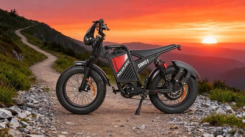 An electric dirt bike riding on a scenic mountain trail with the sun setting.
