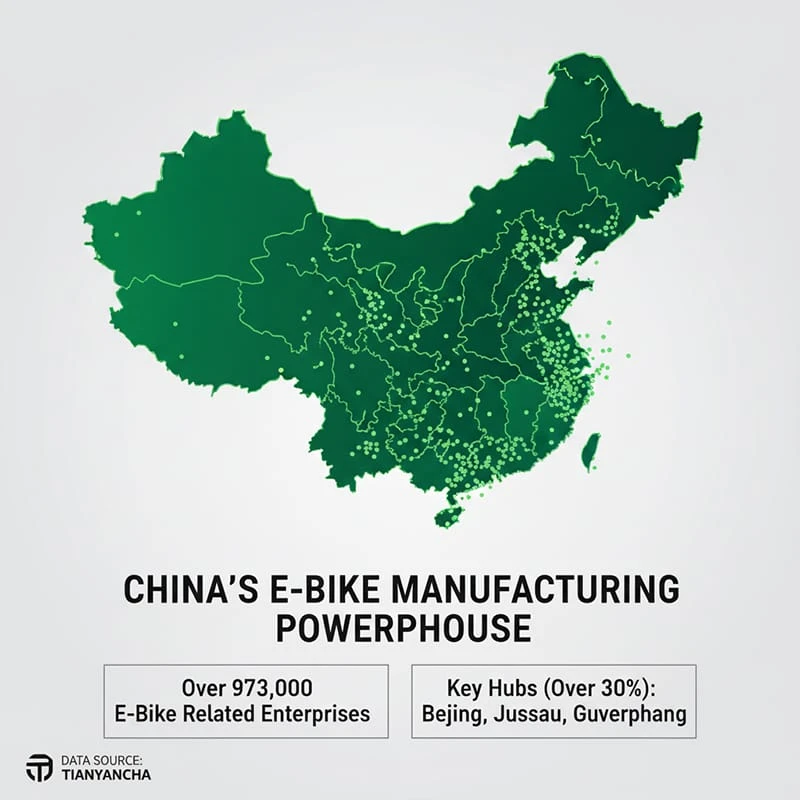 A map highlighting the concentration of e-bike enterprises in China