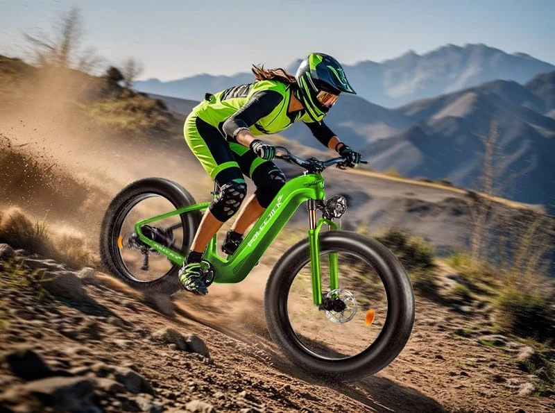 An electric dirt bike for adults navigating a challenging off-road trail