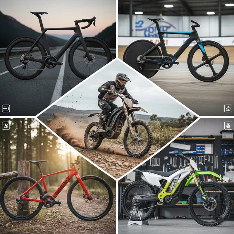 A collage of high-tech carbon fiber bikes and an electric dirt bike for adults