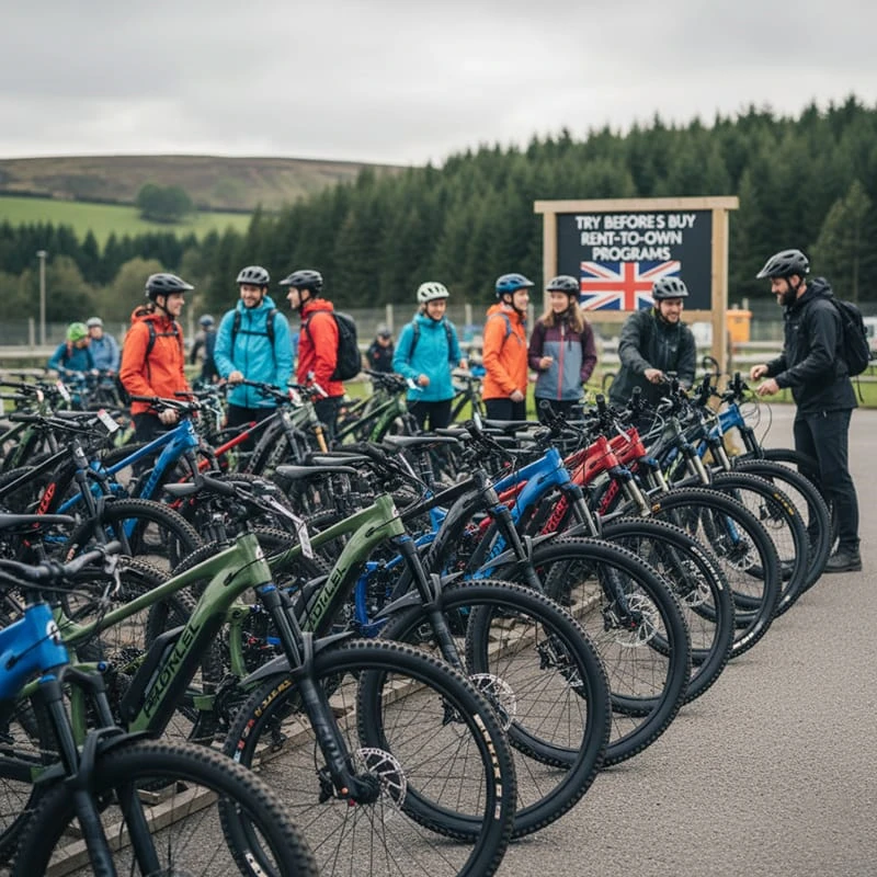 Mountain bikes lined up for a rental program in the UK