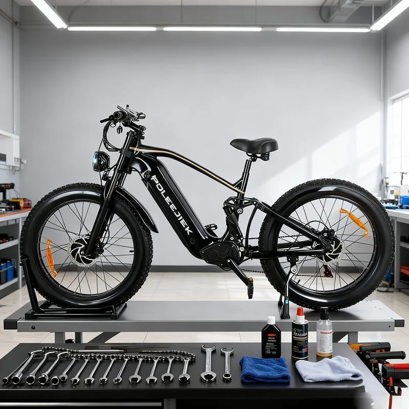 A well-maintained electric bicycle on a repair stand, ready for adjustments, illustrating the e-bike maintenance guide.