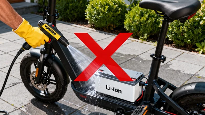 A warning image showing a person incorrectly using a high-pressure washer to clean an e-bike, which can damage electronics and bearings.