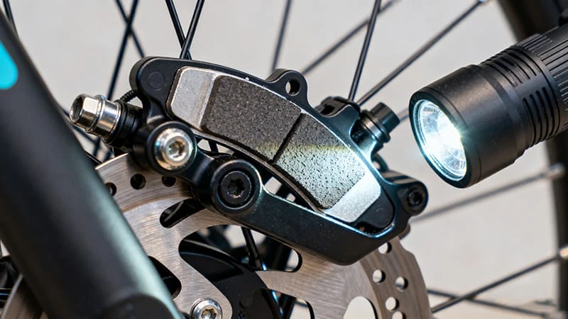 Close-up inspection of electric bicycle disc brake pads inside the caliper for wear.