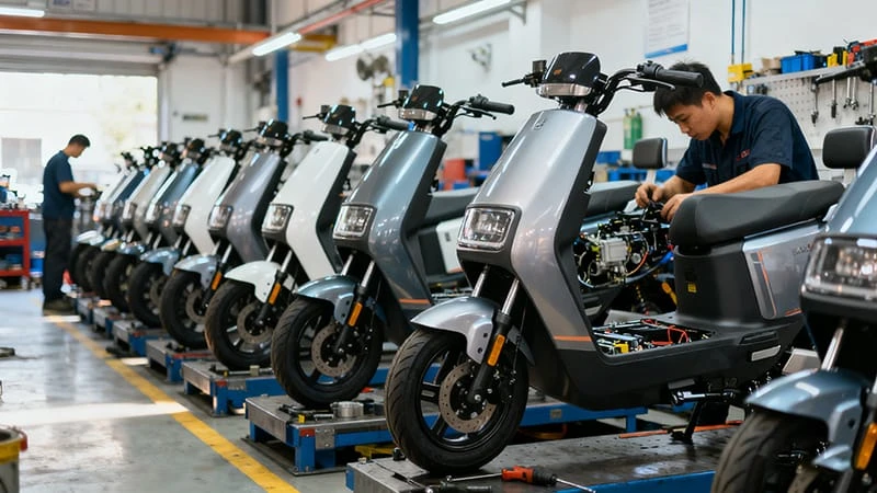A fleet of delivery e-bikes lined up for maintenance