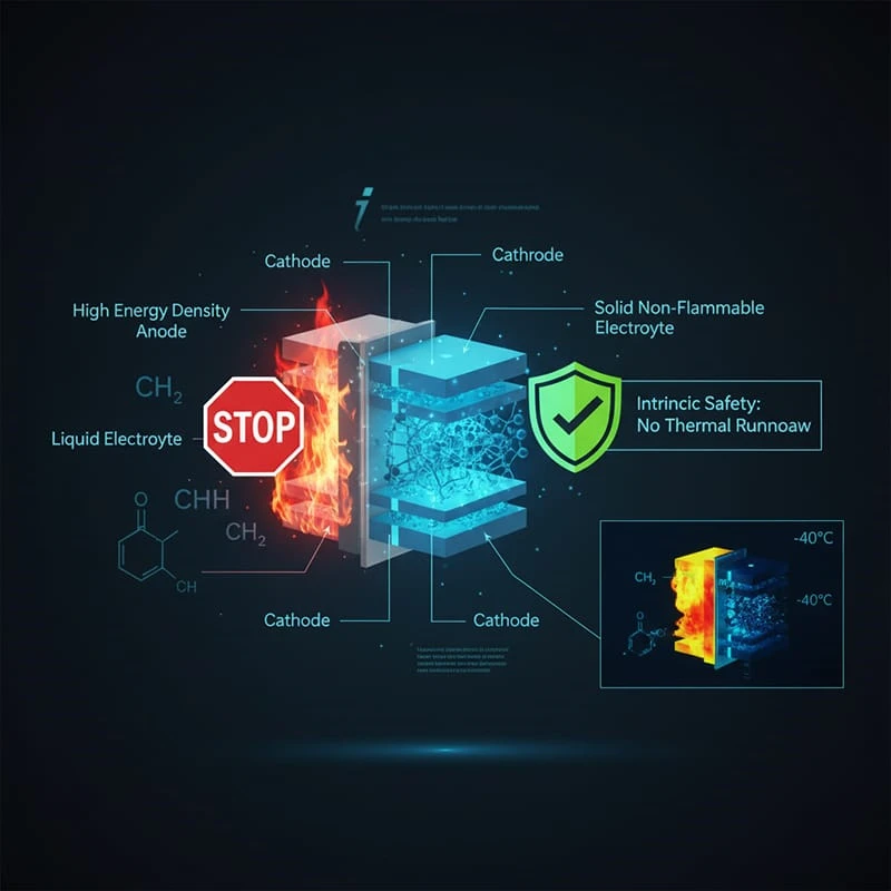 A diagram showing the non-flammable nature of a solid-state battery