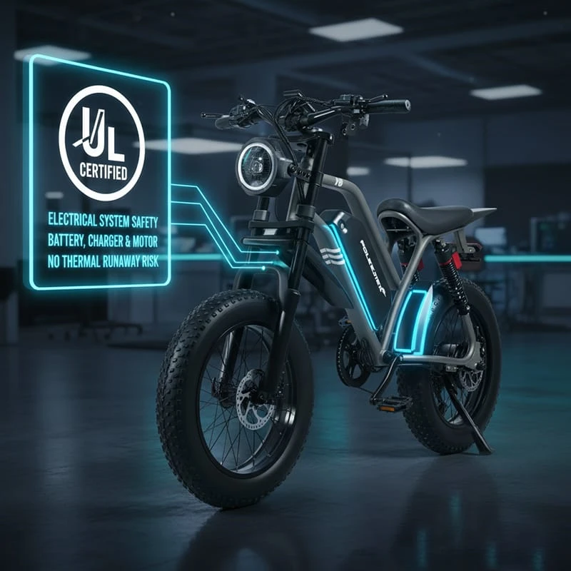 An image of the official UL 2849 certification logo next to an e-bike, signifying the entire electrical system (battery, charger, motor) has been tested for safety.