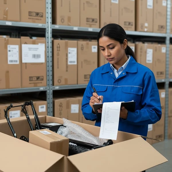 An OQC inspector wearing a POLEEJIEK uniform performs a final outgoing quality control check on a packaged ebike before shipment, protecting B2B buyers.