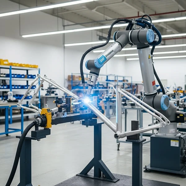 A robotic welding arm performs a precision weld on an electric bike frame in a factory jig, ensuring IPQC and structural integrity.
