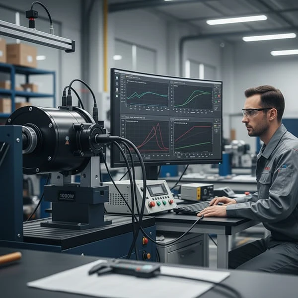 A 1000w electric bike motor mounted on a dynamometer (dyno) for a 100% electrical QC test in the factory.
