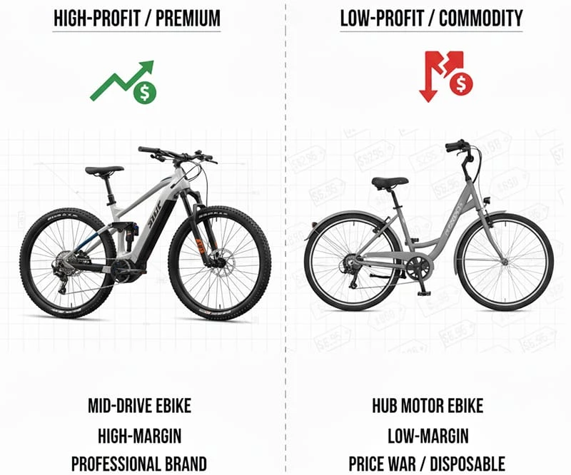 A split image showing a premium mid-drive electric mountain bike representing a high-profit model, versus a generic hub-motor ebike representing a low-margin commodity.