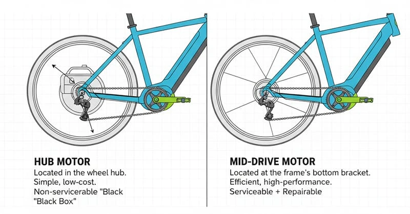 A clear diagram comparing a hub motor, located in the ebike's wheel, to a mid-drive motor, located in the ebike's frame at the pedals.
