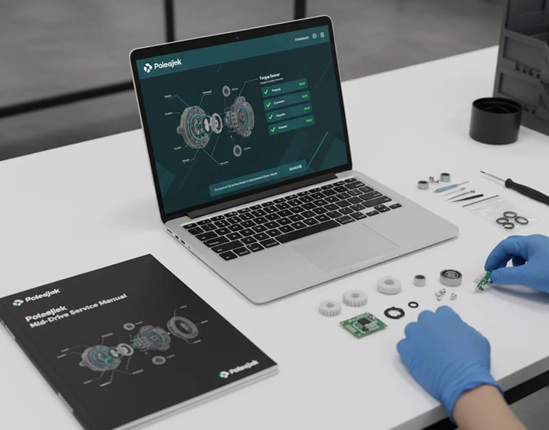 A professional photo of the Poleejiek B2B support ecosystem, including mid-drive diagnostic software on a laptop, a technical manual, and component-level replacement parts.