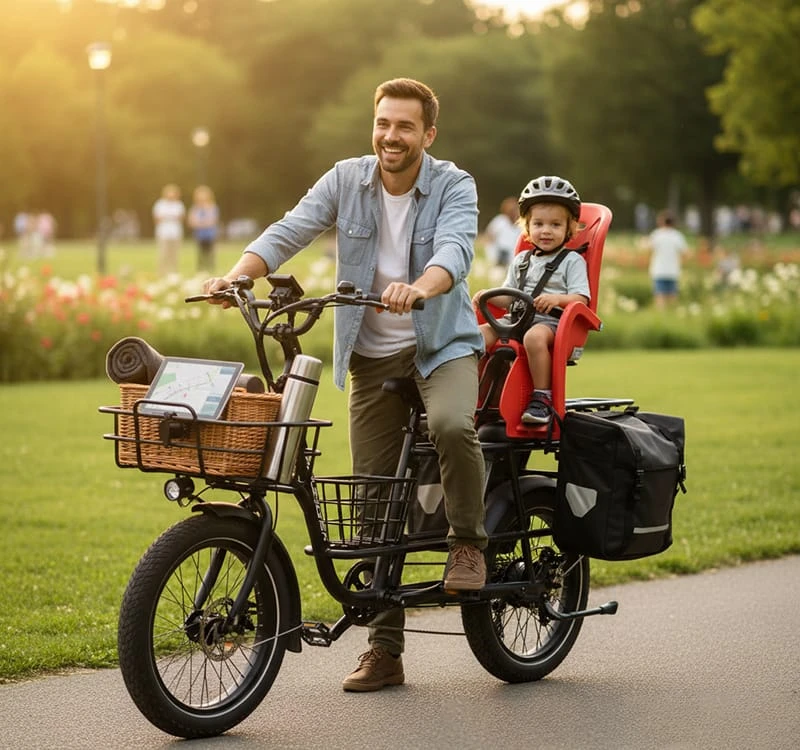 A cargo ebike fully equipped with high-margin accessories, including an electric bike with kid seat, safety bars, and pannier bags.