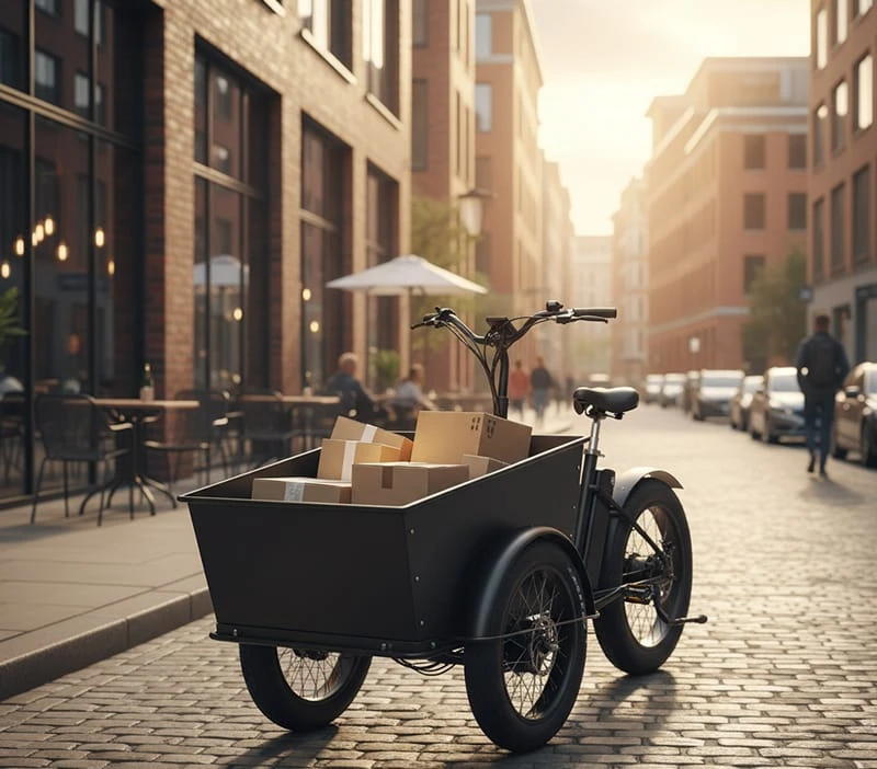 A clear image of a front-loader or 'bakfiets' cargo ebike, highlighting the large cargo box at the front for last-mile delivery.
