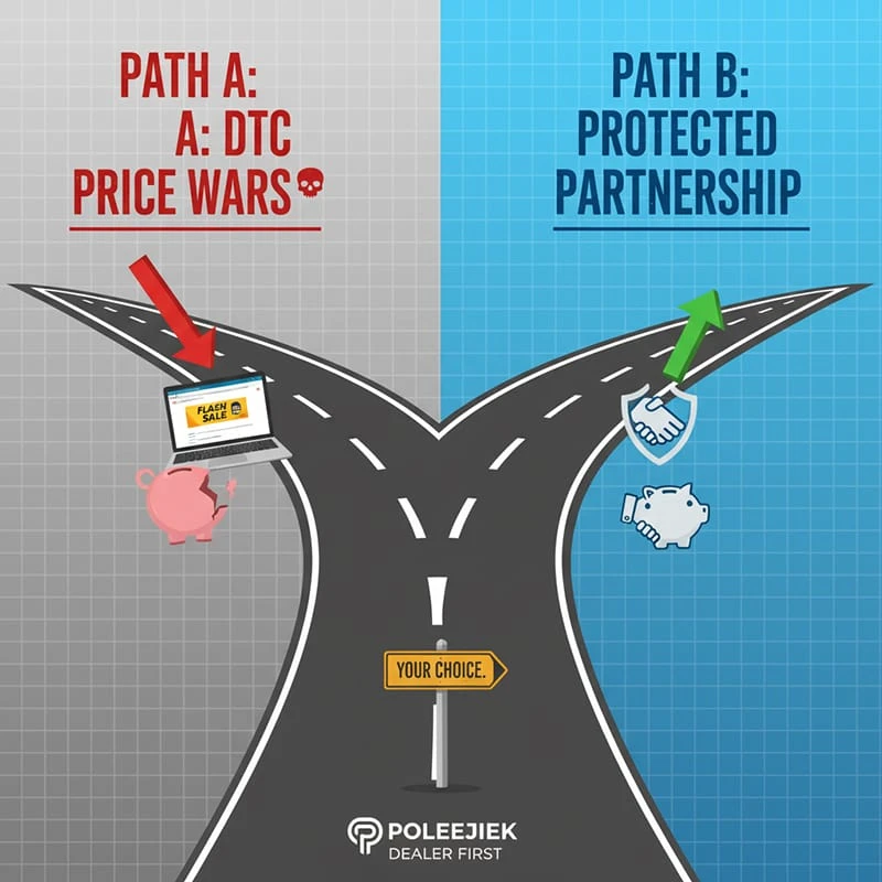 A visual metaphor showing a 'fork in the road' for B2B dealers: Path A leads to 'DTC Price Wars,' and Path B leads to a 'Protected Partnership' with Poleejiek.