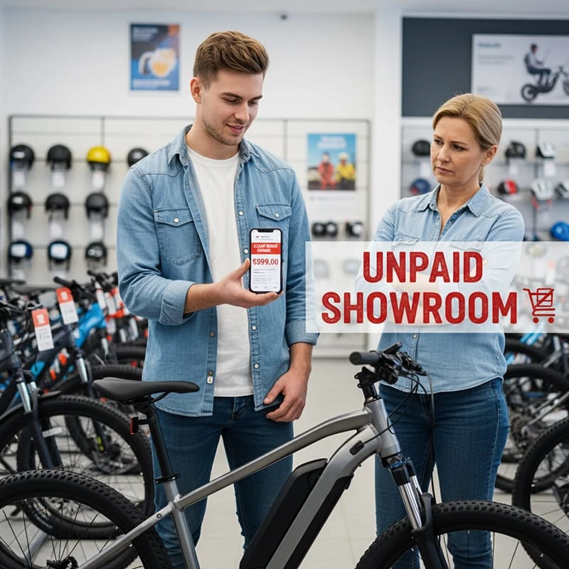 A conceptual image illustrating the 'unpaid showroom' problem, where a customer scans an ebike in a retail store to find a cheaper price online from a DTC brand.