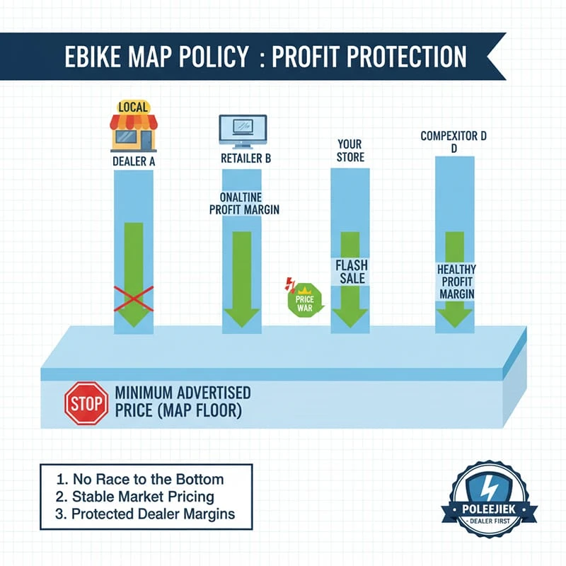 A graphic showing how a MAP policy works, creating a stable price 'floor' for all ebike dealers, which prevents a 'race to the bottom' and protects profit margins.