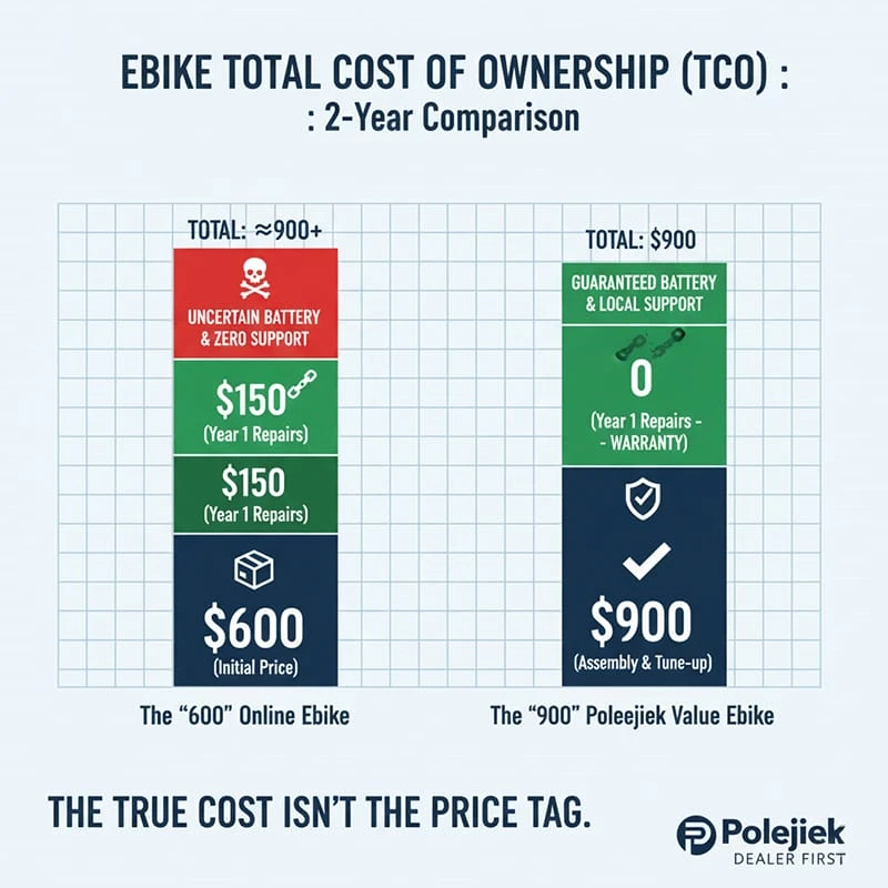 A bar chart comparing the 2-year Total Cost of Ownership (TCO) of a '$600 Cheap Ebike' vs. a '$900 Poleejiek Value Ebike', showing the cheap bike has a higher true cost.