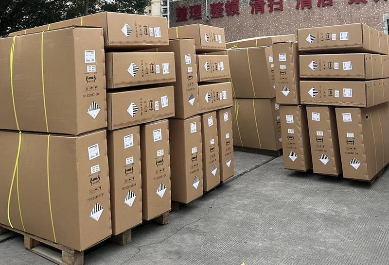 A logistics diagram showing a shipping container loaded with a diverse mix of 20 electric dirt bikes, 30 fastest electric bikes, and 50 kids ebikes to optimize inventory risk.