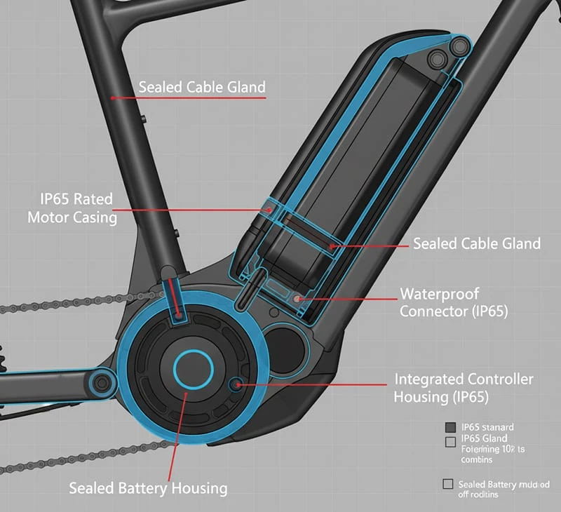 Technical diagram showing IP65 waterproof sealing gaskets on an electric bike motor and battery connector to prevent water ingress in off-road conditions.