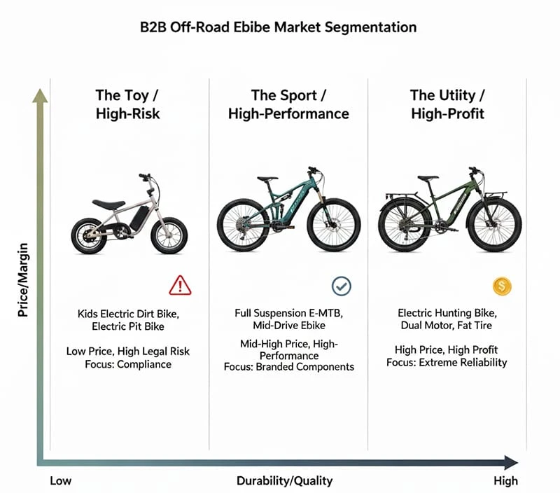 B2B electric bike market segmentation chart comparing electric mini bikes, full suspension e-mtbs, and electric hunting bikes based on price and durability.