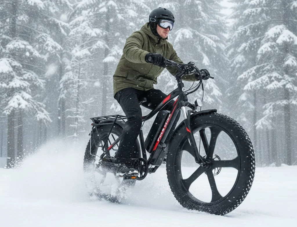 A rider on a Poleejiek electric fat tire bike navigating through deep snow, demonstrating winter sales potential for snow bikes.