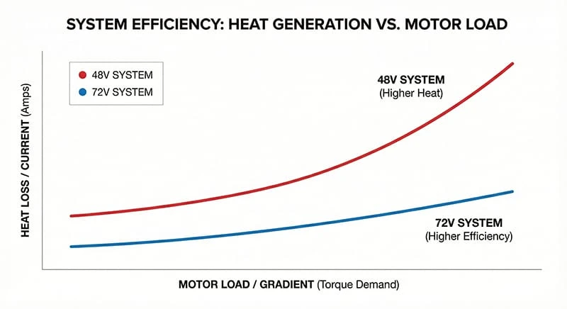 Chart: 72V systems run cooler than 48V systems under heavy load