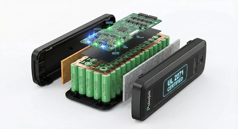 Internal view of Poleejiek Battery Pack showing BMS and thermal probes