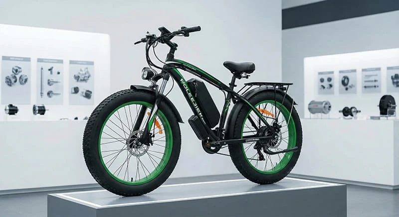A rugged Poleejiek dual motor ebike displayed in a studio setting, highlighting the front and rear hub motors designed for high-traction B2B niche markets.