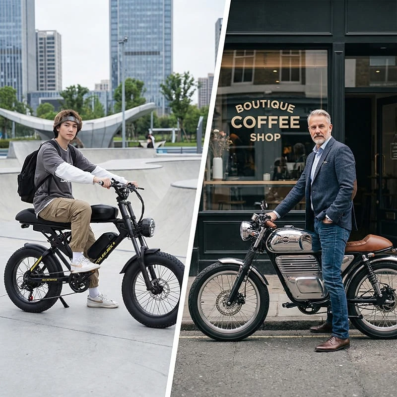 Visual comparison showing a rugged moped style ebike for Gen Z riders versus a classic retro cafe racer ebike for premium lifestyle buyers.