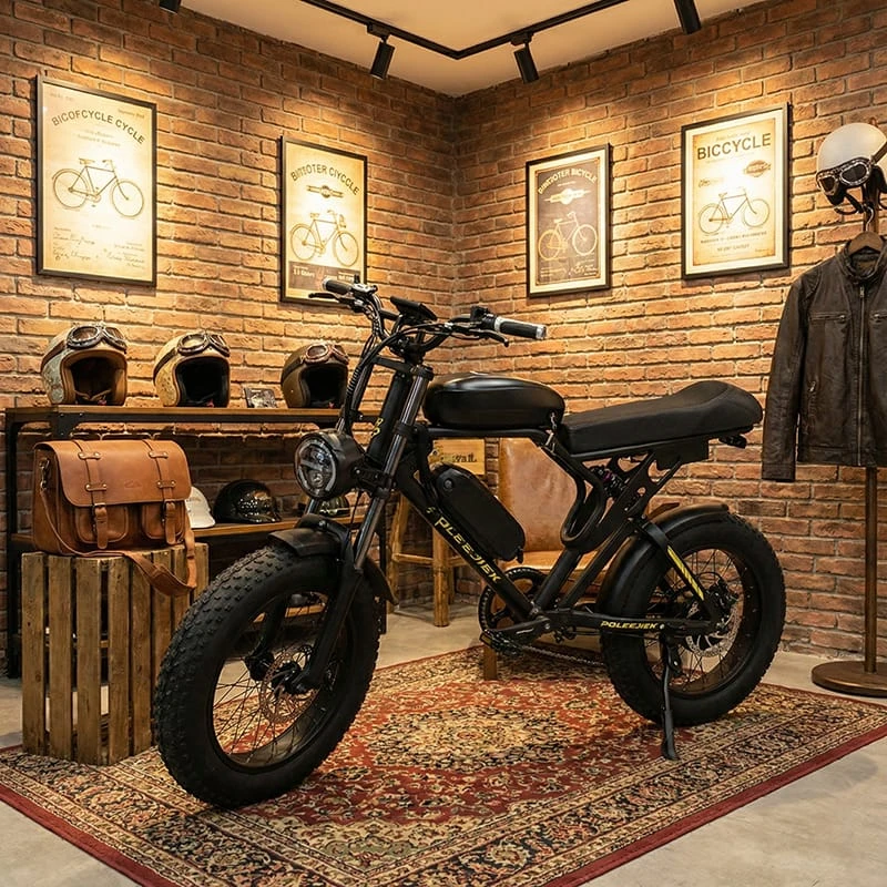 A well-designed B2B showroom corner featuring a Poleejiek retro ebike displayed with leather accessories, warm lighting, and vintage decor to maximize sales.