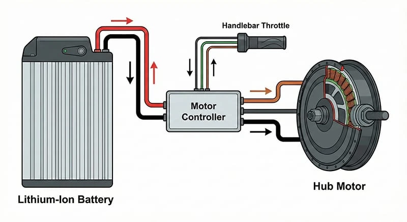 A technical diagram illustrating how electric bike motors work, showing the interaction between the battery, controller, and motor phases.