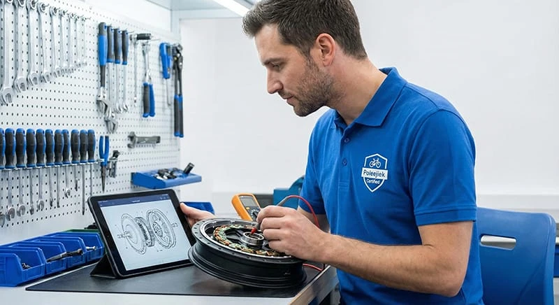 A professional ebike technician using a tablet to view Poleejiek technical training videos while servicing an electric bike motor in a clean workshop.