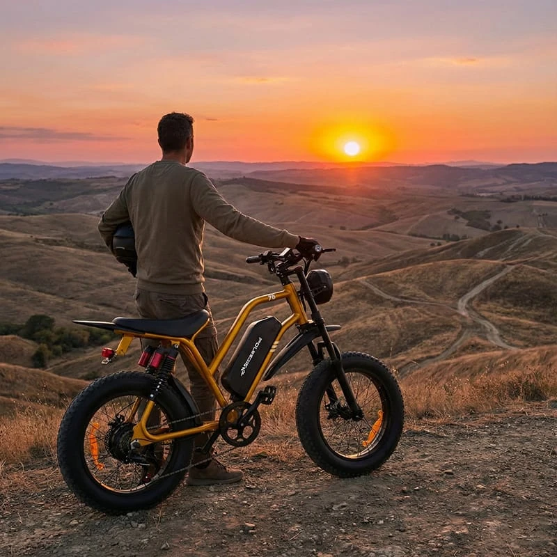 A rider standing next to their Poleejiek electric dirt bike at sunset, symbolizing the freedom and range of a 48V 20Ah battery system.