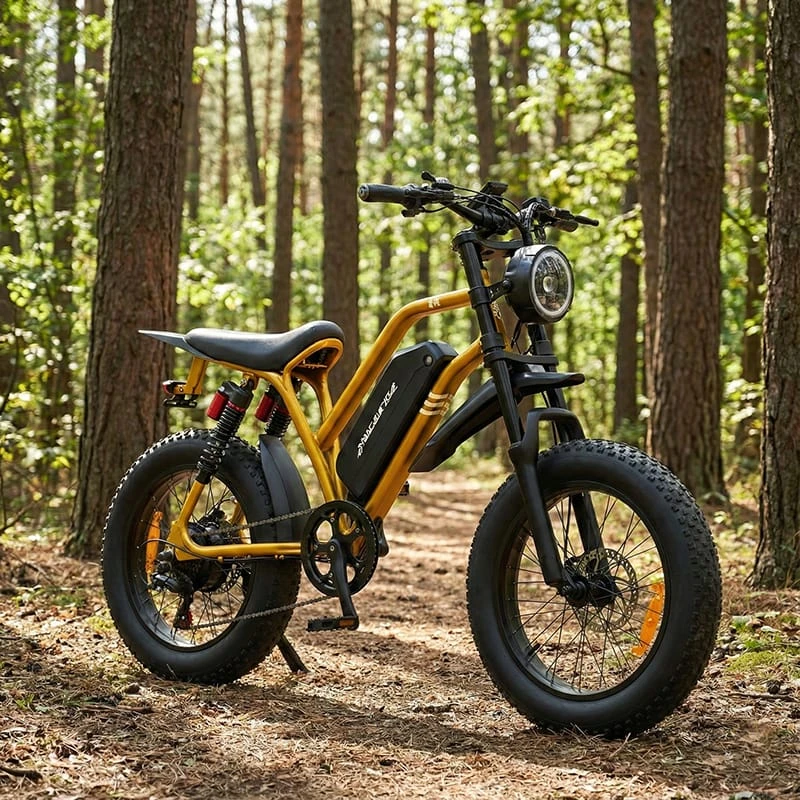 Poleejiek F6 electric hunting bike with fat tires parked in a dense forest, showcasing stealth design for wholesale dealers.