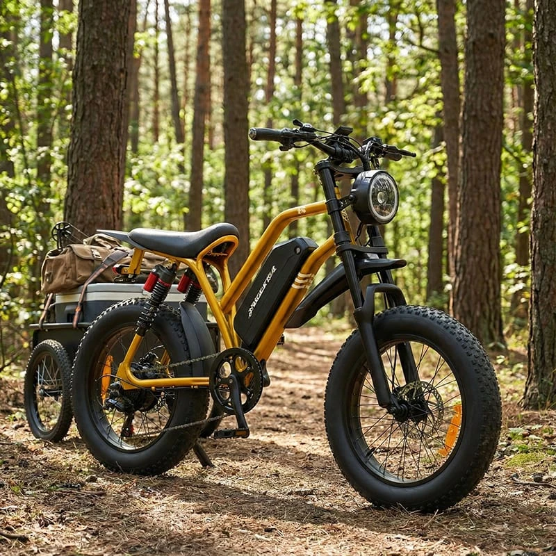 Poleejiek F6 electric bike towing a heavy cargo trailer, demonstrating 1500W high torque hauling power for game recovery.